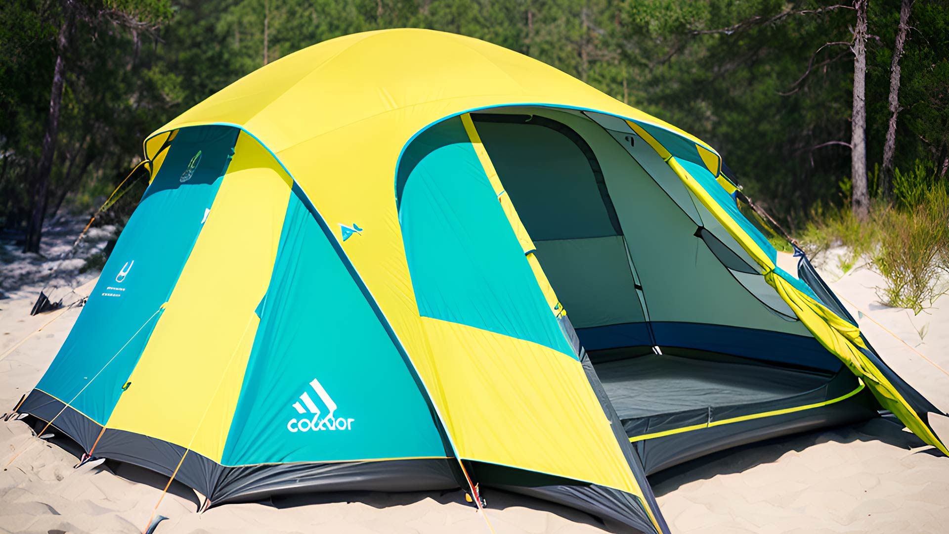 Campingzelt in grün und gelb an der Nordsee